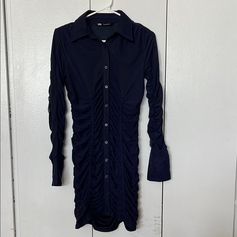 Zara Navy Long Sleeve Ruched Dress